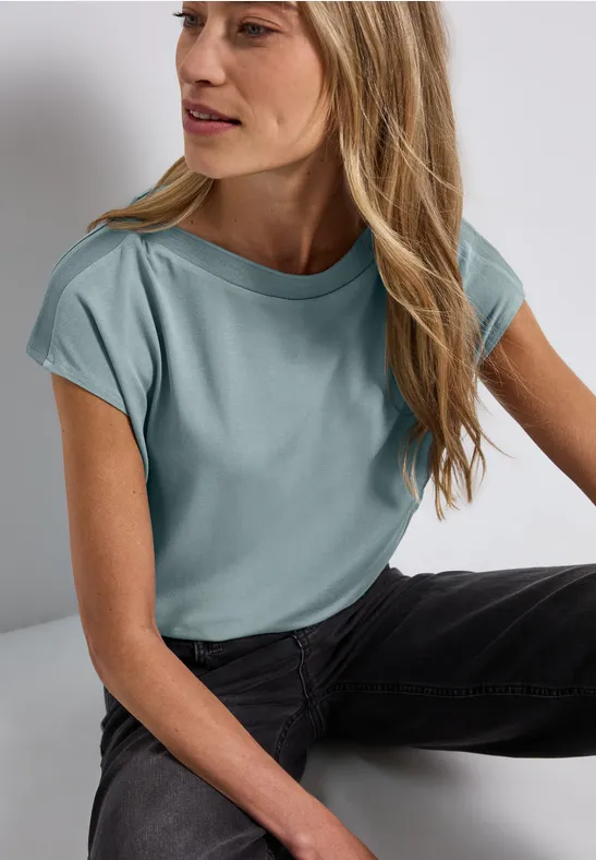 Thumbnail - Street One Frauen U-Boot Shirt mit Rippdetail in Blau, Gr: 42