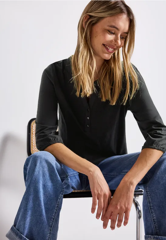 Street One Frauen Split Neck Jersey-Shirt in Schwarz, Gr: 34