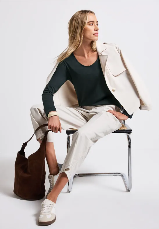 Thumbnail - Street One Frauen Langarmshirt in Unifarbe in Grün, Gr: 42