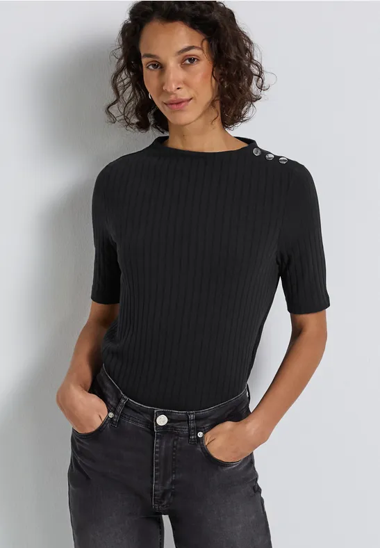Thumbnail - Street One Frauen Turtleneck Shirt mit Knöpfen in Schwarz, Gr: 34
