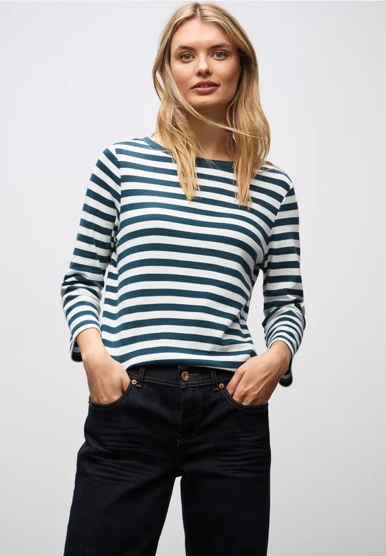 Thumbnail - Street One Frauen Gestreiftes U-Boot Shirt in Türkis, Gr: 34