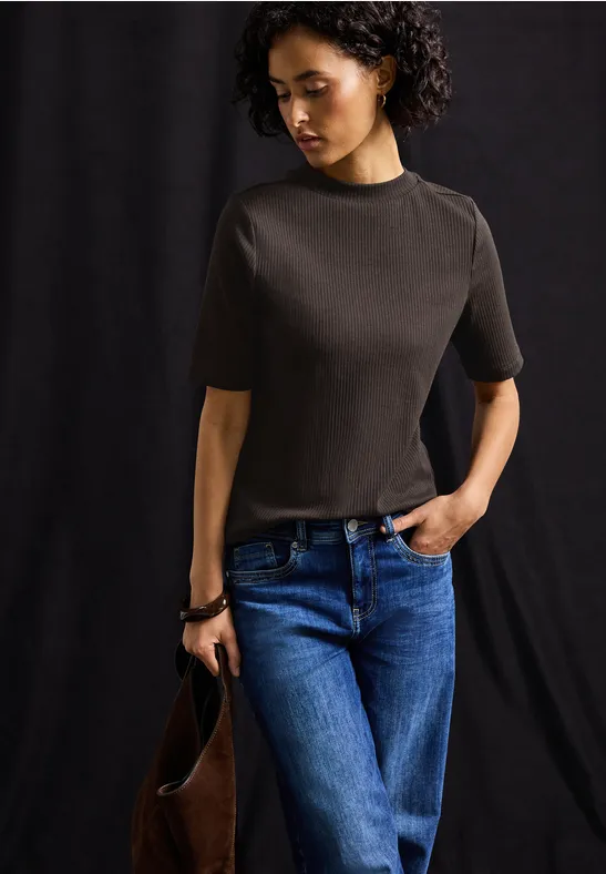 Thumbnail - Street One Frauen T-Shirt mit Rippstruktur in Braun, Gr: 38