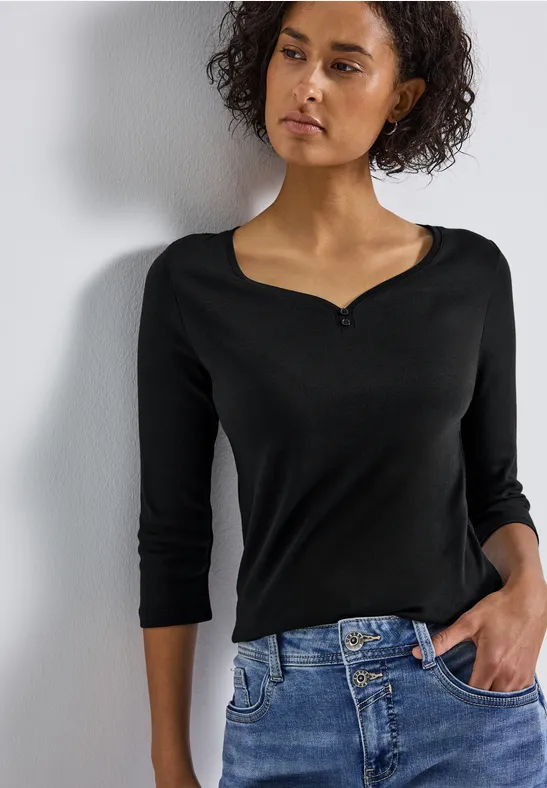 Thumbnail - Street One Frauen Basic Shirt mit Knopfdetail in Schwarz, Gr: 34