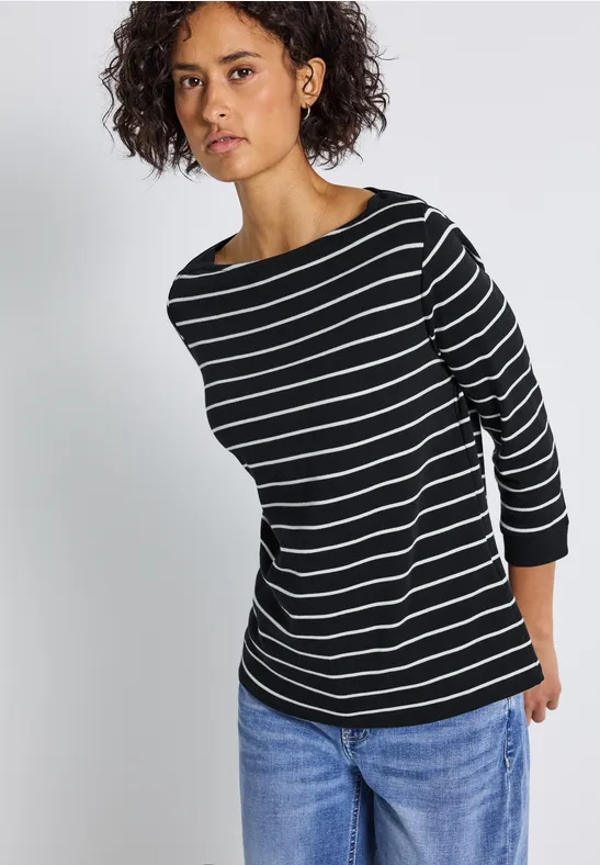 Thumbnail - Street One Frauen Gestreiftes Basic Shirt in Schwarz, Gr: 38