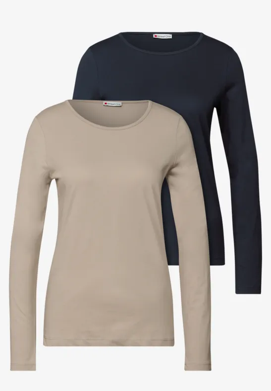 Street One Frauen 2er-Pack Langarmshirts in Multicolour|Beige|Blau, Gr: 36