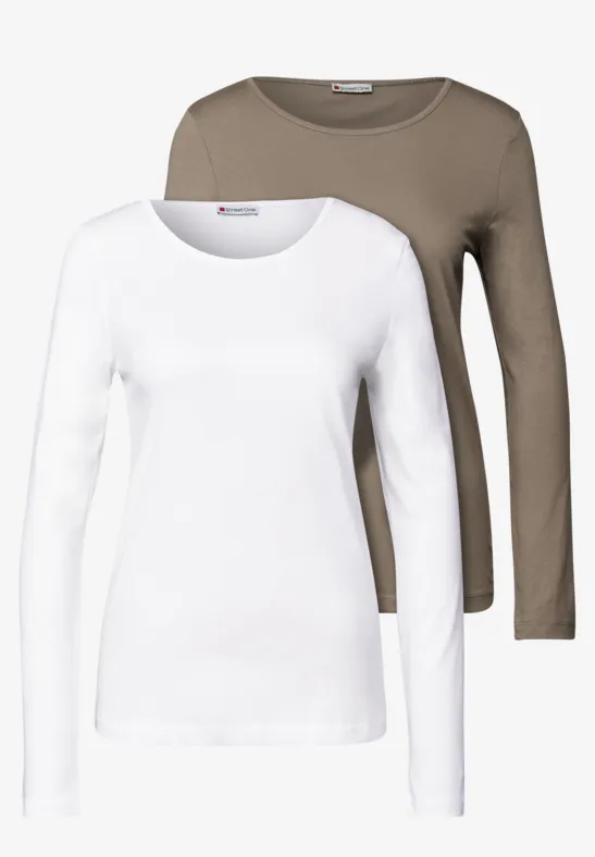 Thumbnail - Street One Frauen 2er-Pack Langarmshirts in Multicolour|Weiß|Braun, Gr: 34