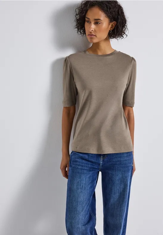 Thumbnail - Street One Frauen Basic T-Shirt mit Raffung in Braun, Gr: 46