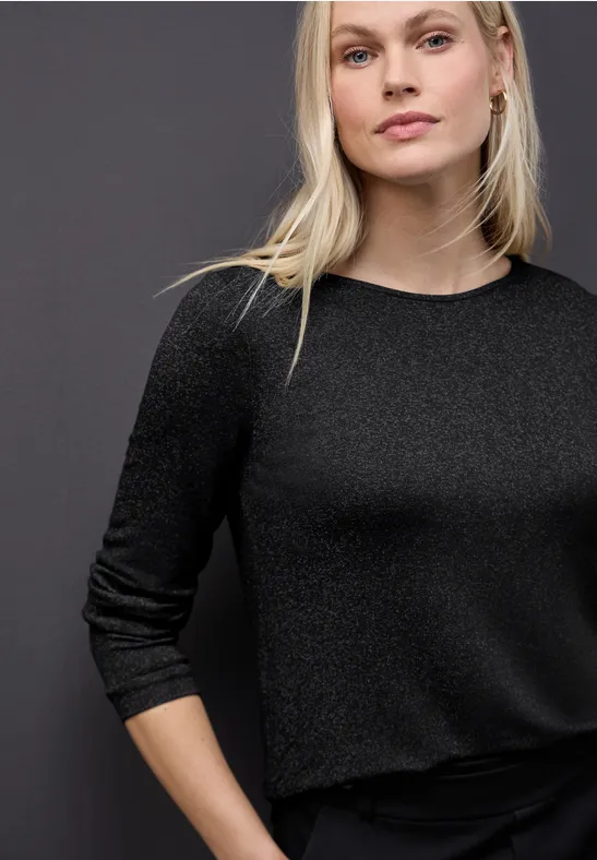 Thumbnail - Street One Frauen Glitzer Strick-Look Shirt in Schwarz, Gr: 36