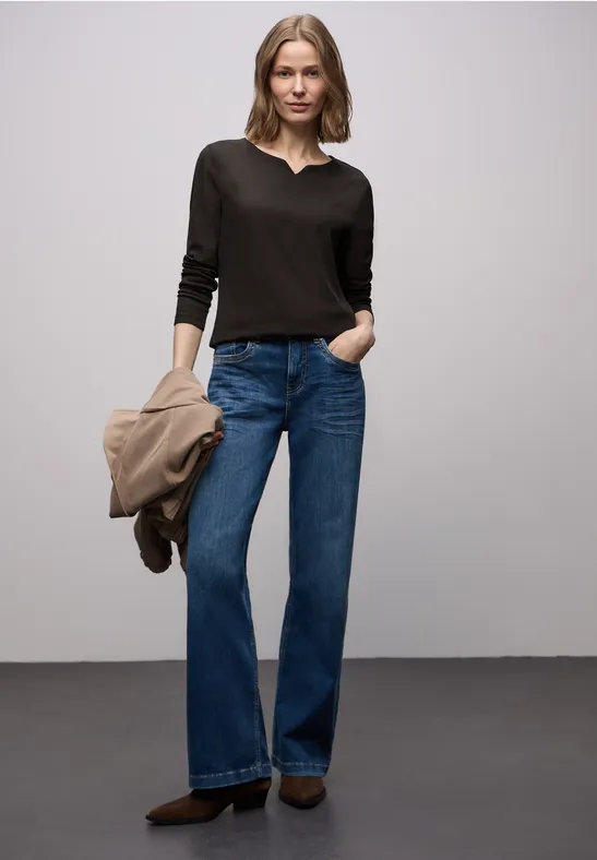 Thumbnail - Street One Frauen Basic Shirt mit Rippstruktur in Braun, Gr: 42