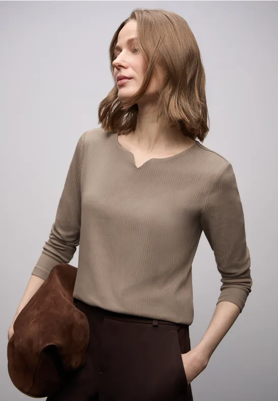 Thumbnail - Street One Frauen Basic Shirt mit Rippstruktur in Braun, Gr: 40