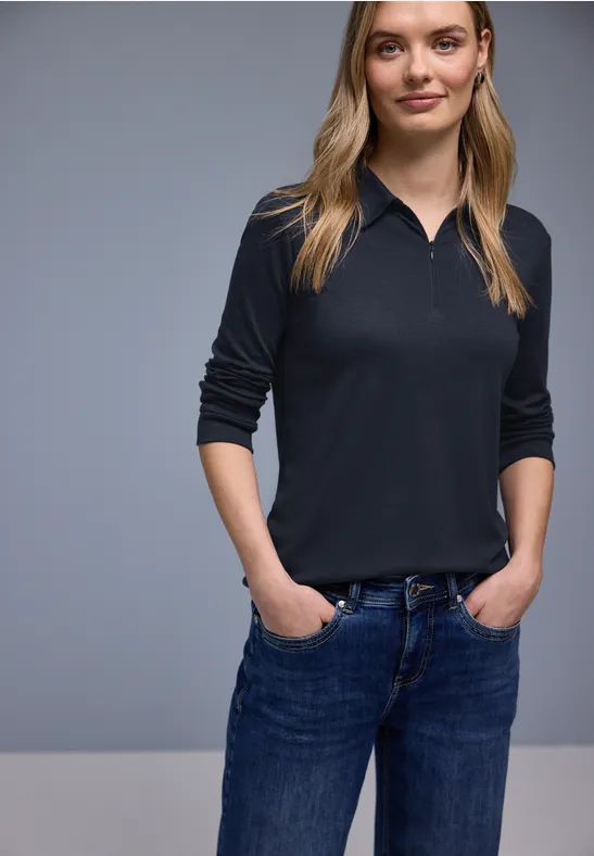 Thumbnail - Street One Frauen Poloshirt mit Zipper in Blau, Gr: 42