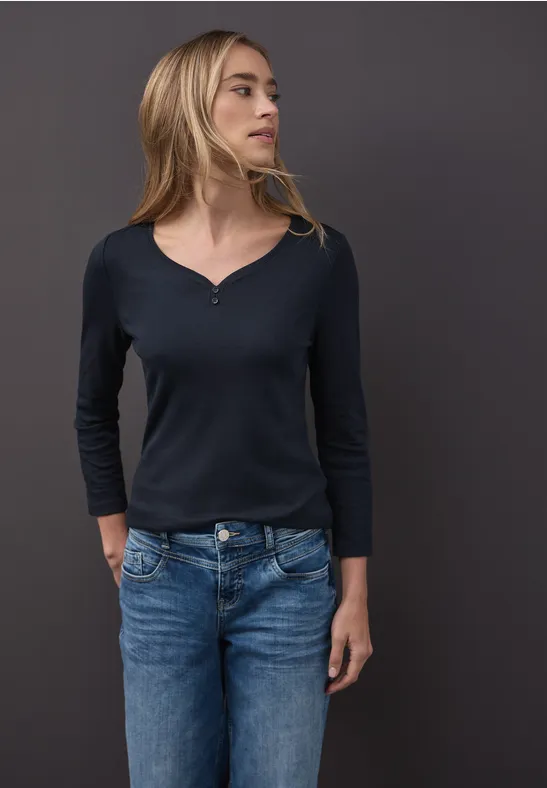Thumbnail - Street One Frauen Basic Shirt mit Knopfdetail in Blau, Gr: 40