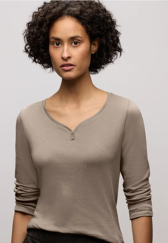 Thumbnail - Street One Frauen Basic Shirt mit Knopfdetail in Braun, Gr: 40