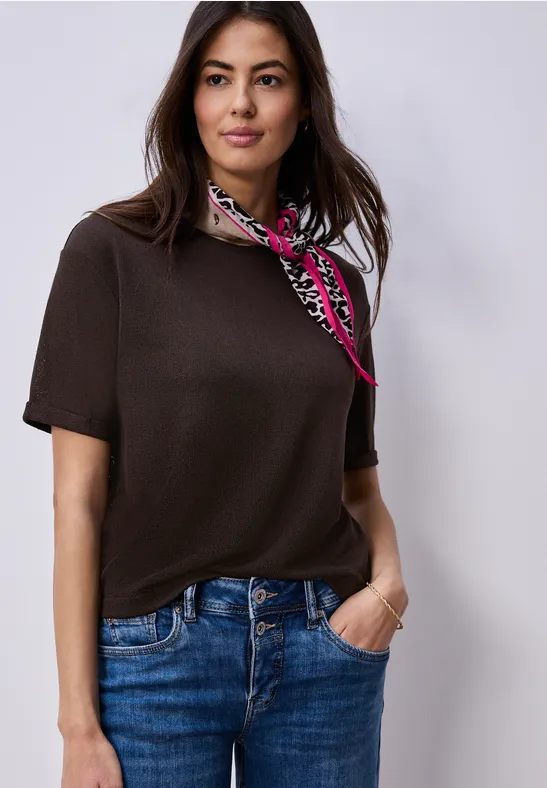 Street One Frauen T-Shirt mit Rundhals im Strick-Look in Braun, Gr: 40