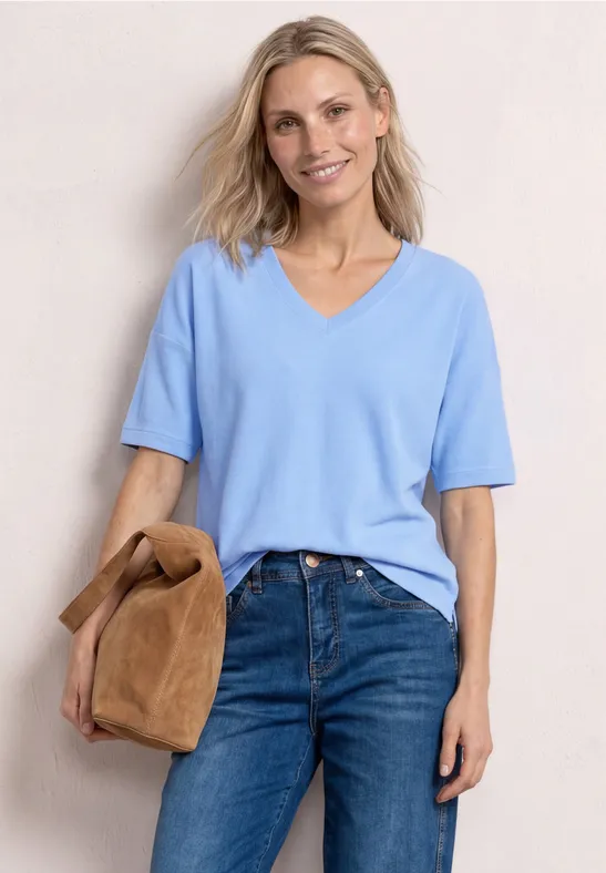 Street One Frauen T-Shirt im Strick-Look mit V-Neck in Blau, Gr: 36