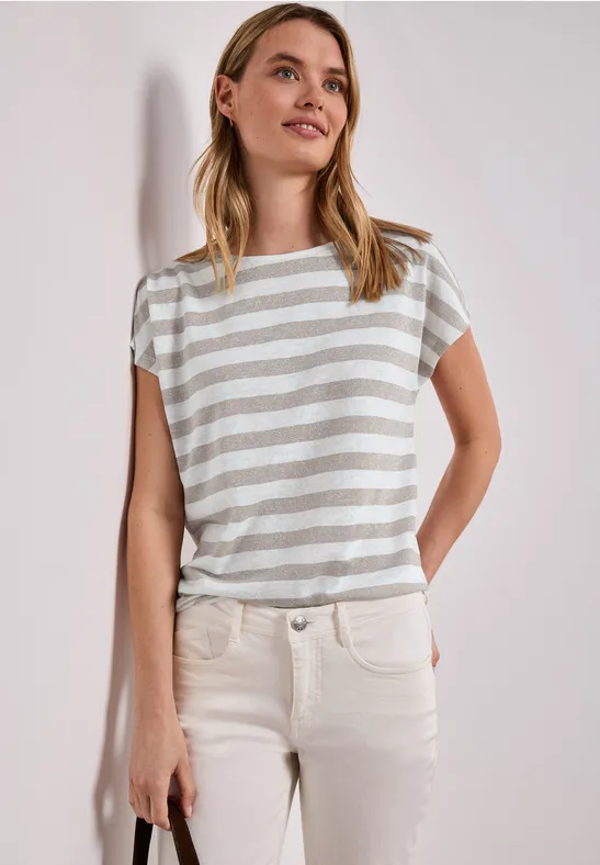 Street One Frauen Dropped Shoulder Shirt mit Streifen und Glitzer in Beige, Gr: 34