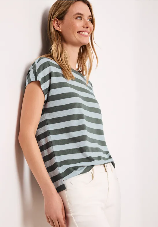 Street One Frauen Dropped Shoulder Shirt mit Streifen und Glitzer in Grün, Gr: 44