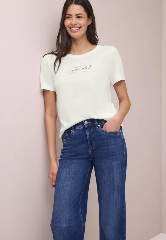 Street One Frauen T-Shirt mit Rundhals und Wording in Weiß, Gr: 38
