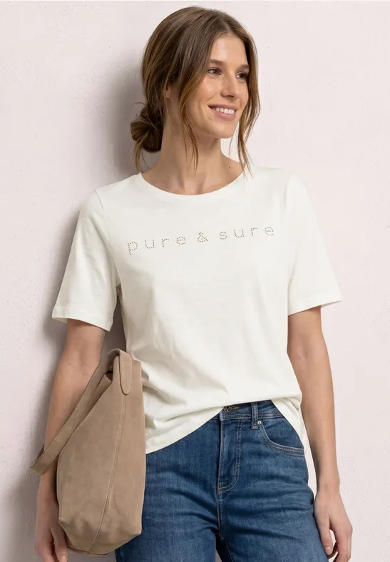 Street One Frauen T-Shirt mit Rundhals und Schmucksteinen in Weiß, Gr: 40