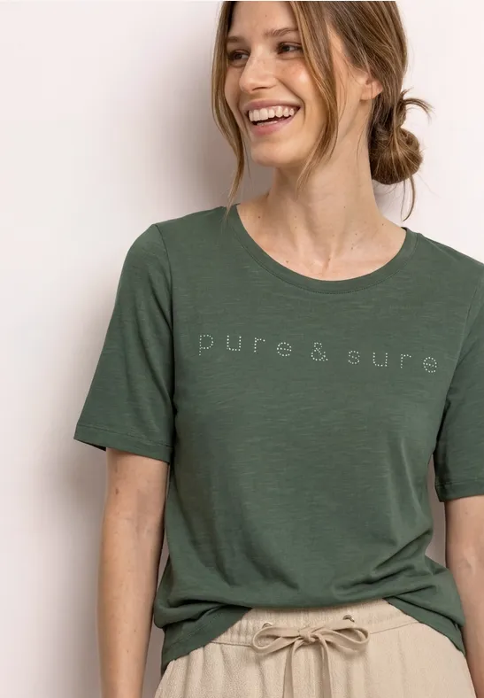 Street One Frauen T-Shirt mit Rundhals und Schmucksteinen in Grün, Gr: 42