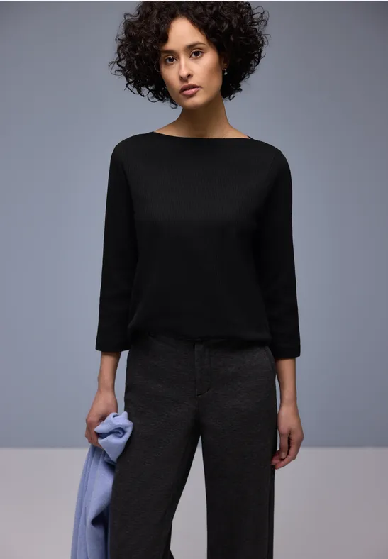 Street One Frauen Shirt in Rippstruktur in Schwarz, Gr: 34