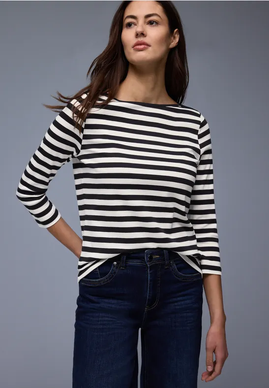 Street One Frauen Gestreiftes Shirt in Schwarz, Gr: 44