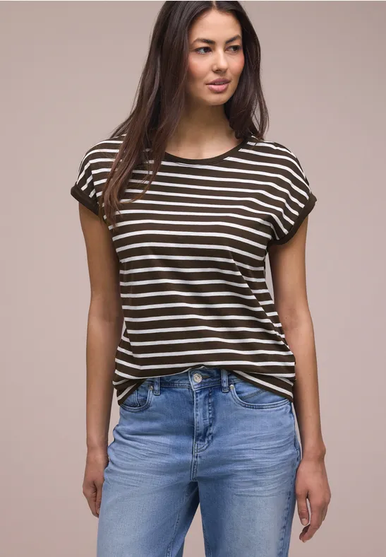 Street One Frauen Dropped Shoulder Shirt mit Streifen in Braun, Gr: 34