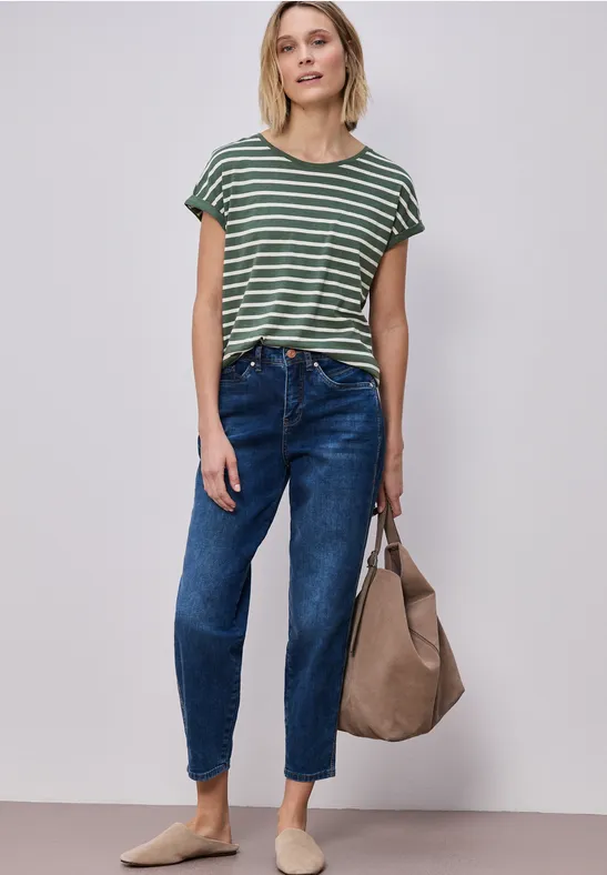 Street One Frauen Dropped Shoulder Shirt mit Streifen in Grün, Gr: 34