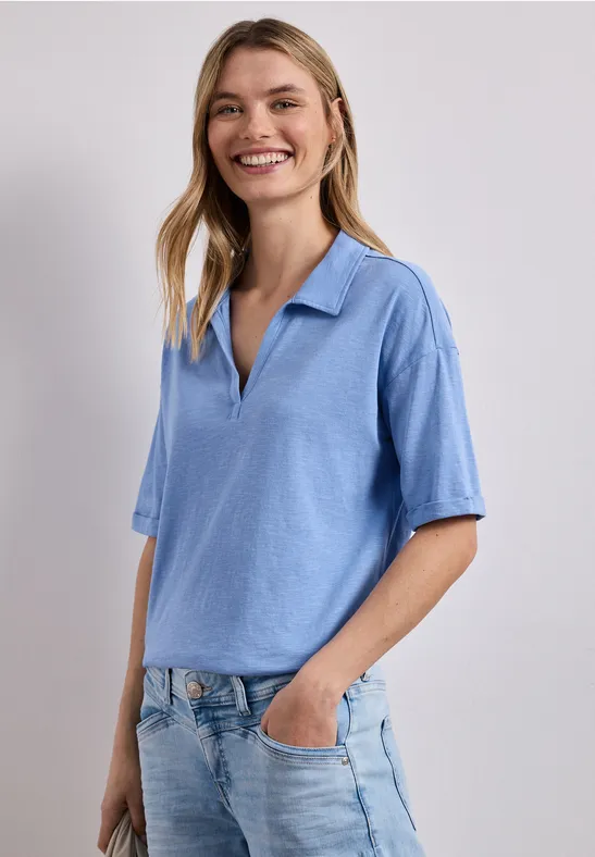 Street One Frauen Kurzarm Poloshirt aus Jersey in Blau, Gr: 38