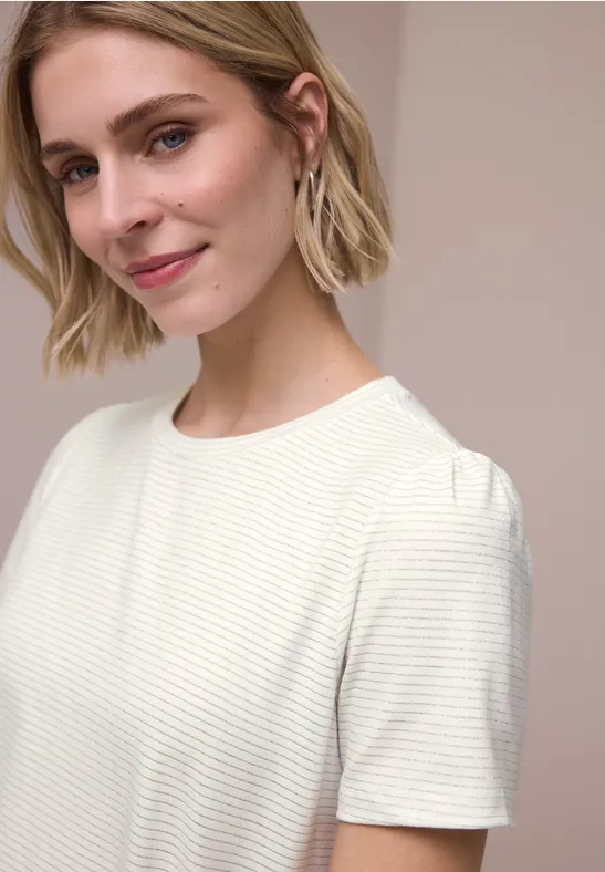 Street One Frauen T-Shirt mit Rundhals und Glitzerstreifen in Weiß, Gr: 44