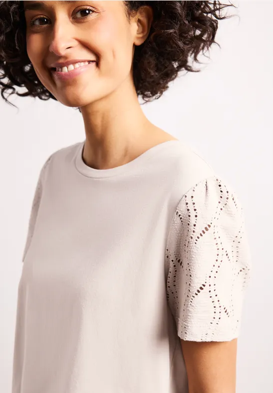 Street One Frauen T-Shirt mit Rundhals und Spitzenärmeln in Beige, Gr: 40