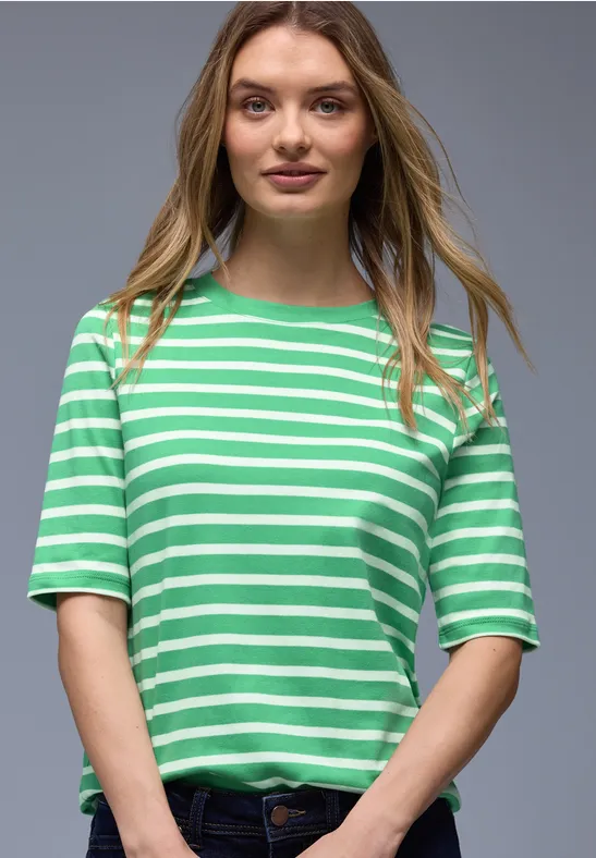 Street One Frauen Kurzarm T-Shirt mit Streifenmuster in Grün, Gr: 38