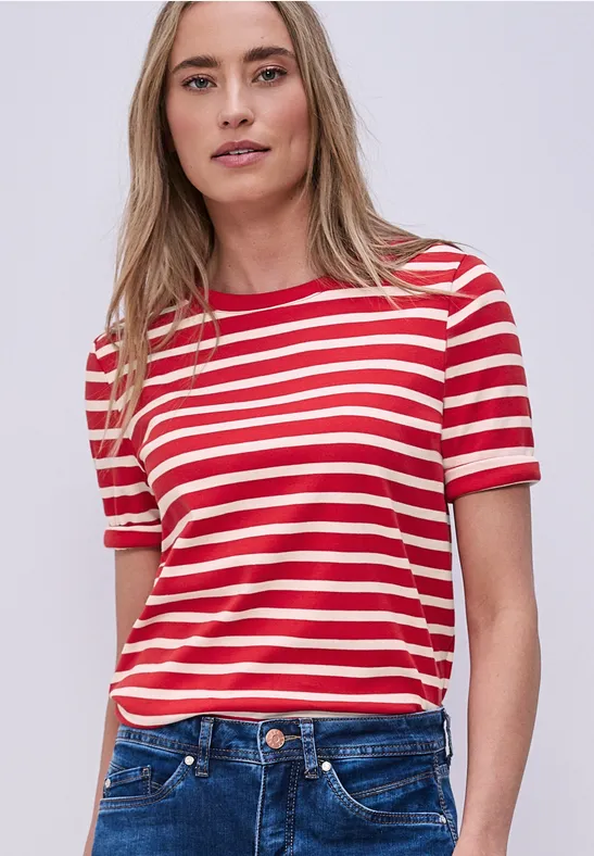 Street One Frauen Kurzarm T-Shirt mit Streifenmuster in Rot, Gr: 46