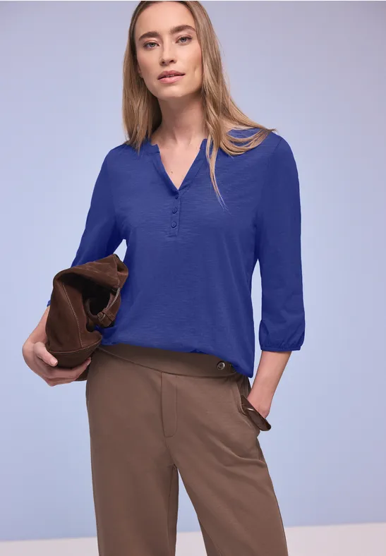 Street One Frauen 3/4-Arm Shirt mit Split Neck und Knöpfen in Blau, Gr: 42