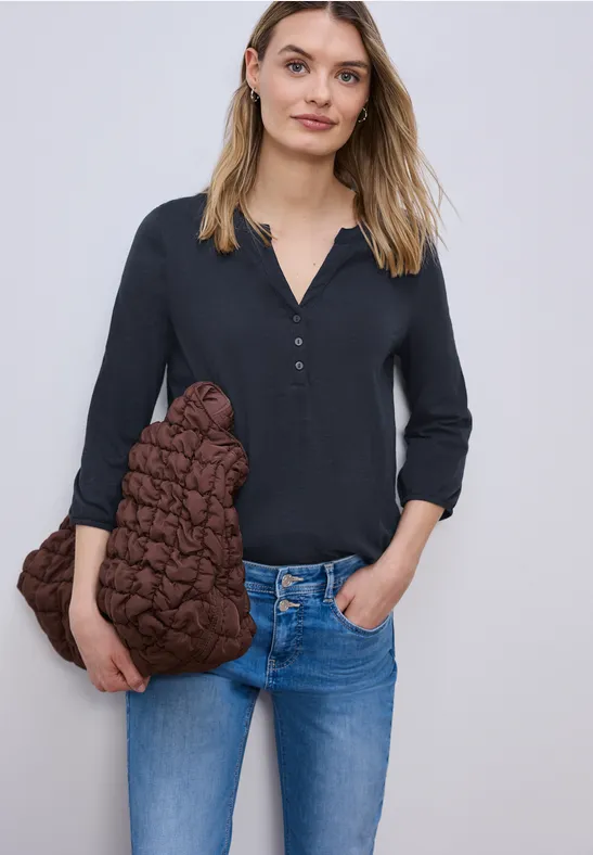 3/4-Arm Shirt mit Split Neck und Knöpfen
