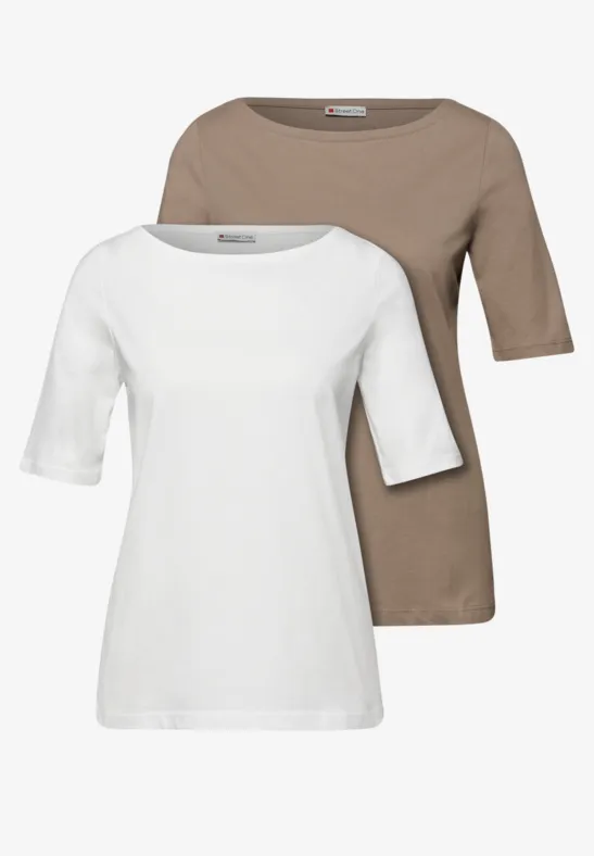 Thumbnail - Street One Frauen Basic Shirt im 2er-Pack in Multicolour|Weiß|Braun, Gr: 42