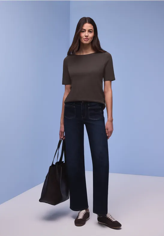 Thumbnail - Street One Frauen Basic T-Shirt mit U-Boot-Ausschnitt in Braun, Gr: 42