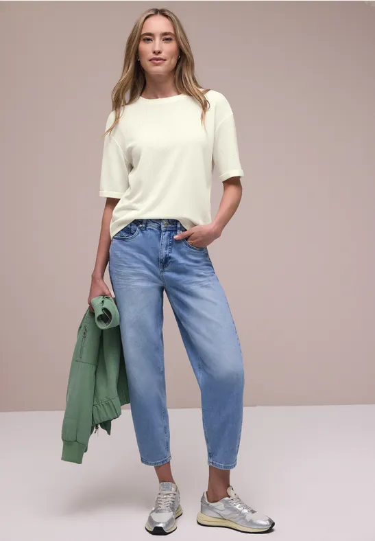 Street One Frauen T-Shirt mit Rundhals im Strick-Look in Weiß, Gr: 34