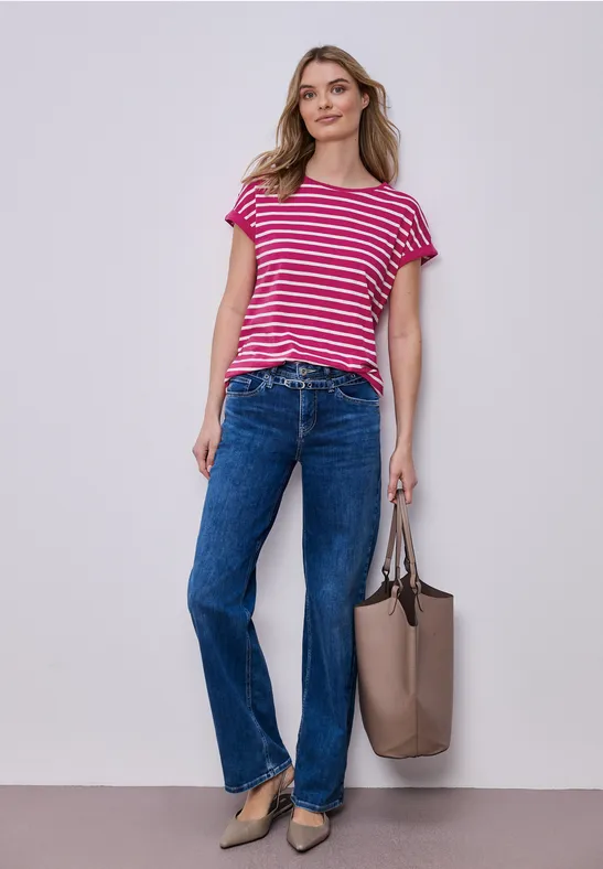 Street One Frauen Dropped Shoulder T-Shirt mit Streifen in Pink, Gr: 34