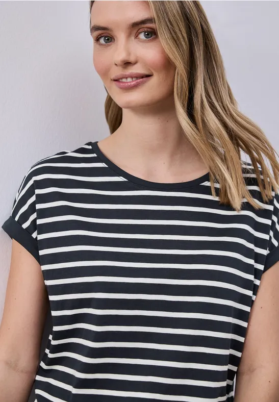 Street One Frauen Dropped Shoulder T-Shirt mit Streifen in Blau, Gr: 38