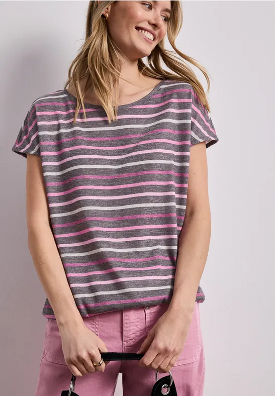 Street One Frauen Kurzarm Shirt mit Rundhals und Streifen in Braun, Gr: 36