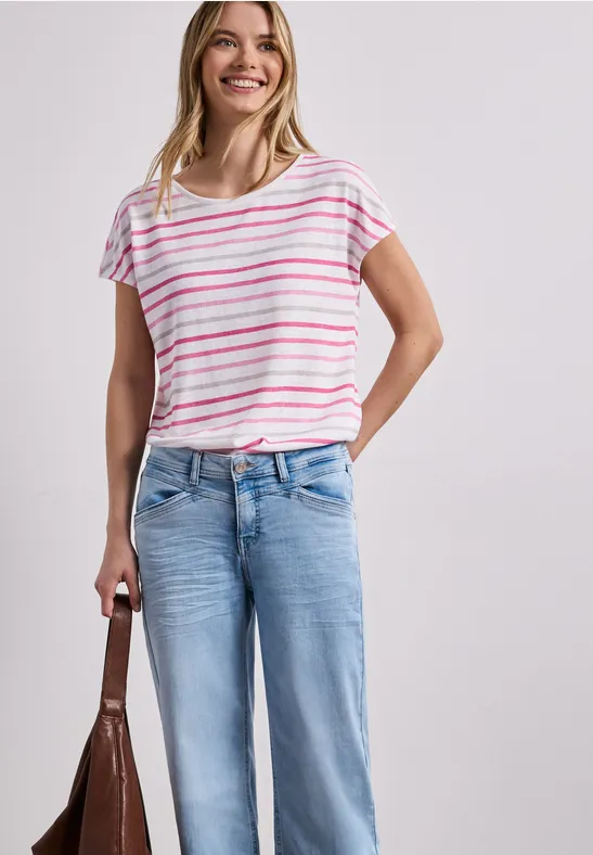 Street One Frauen Kurzarm Shirt mit Rundhals und Streifen in Pink, Gr: 42