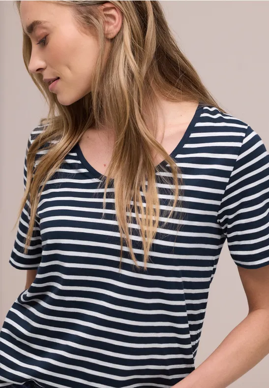 Street One Frauen T-Shirt mit gerundetem V-Ausschnitt in Blau, Gr: 34