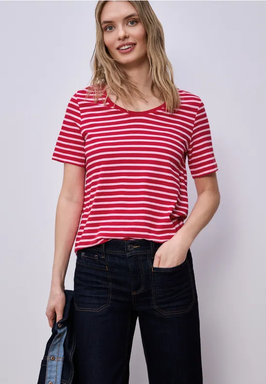 Street One Frauen T-Shirt mit gerundetem V-Ausschnitt in Rot, Gr: 34
