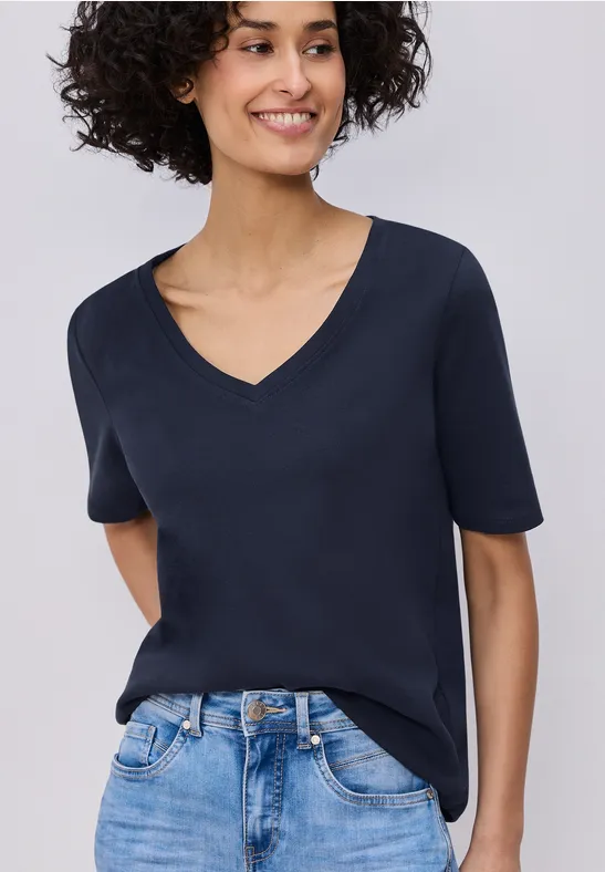Thumbnail - Street One Frauen Basic T-Shirt mit V-Neck in Unifarbe in Blau, Gr: 42