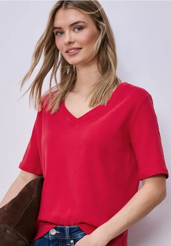 Thumbnail - Street One Frauen Basic T-Shirt mit V-Neck in Rot, Gr: 42