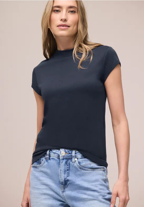 Thumbnail - Street One Frauen Basic T-Shirt mit Turtle Neck in Blau, Gr: 38