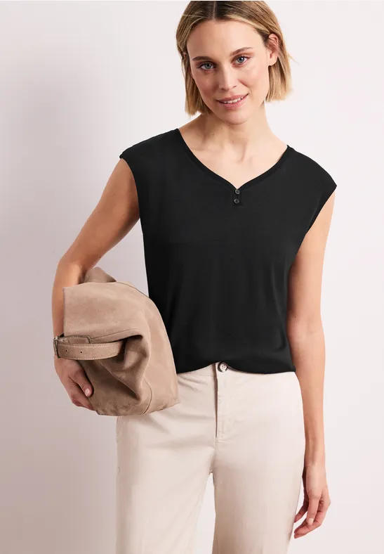 Street One Frauen Shirt mit gerundetem V-Ausschnitt in Schwarz, Gr: 38