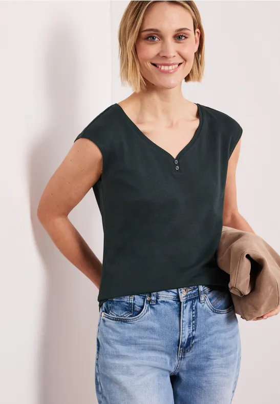 Street One Frauen Shirt mit gerundetem V-Ausschnitt in Grün, Gr: 42