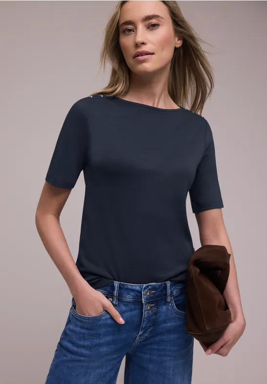 Street One Frauen Kurzarm Shirt mit Knopfdetail in Blau, Gr: 38